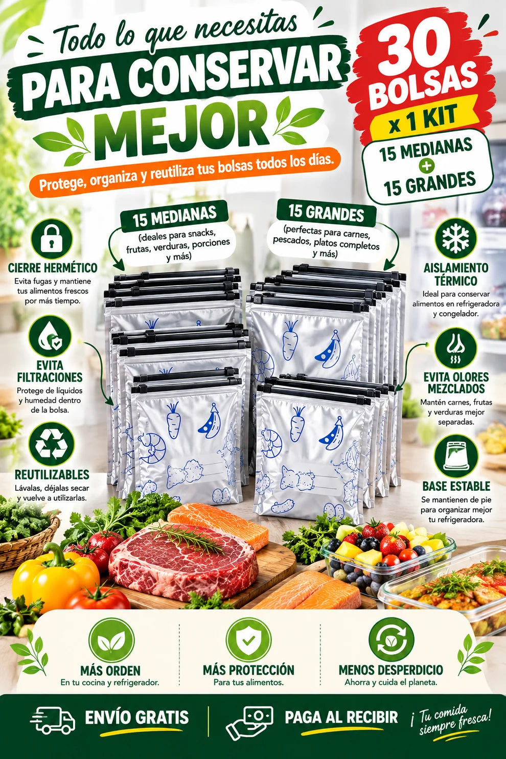 30x1 ConservaMax Pro® — 30 paquetes Herméticos para Conservar tus Alimentos