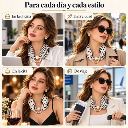 🎀✨ Collar de Perlas con Cinta de Satén para Mujer | Pañuelo Vintage Francés para Cuello, Pelo y Escote