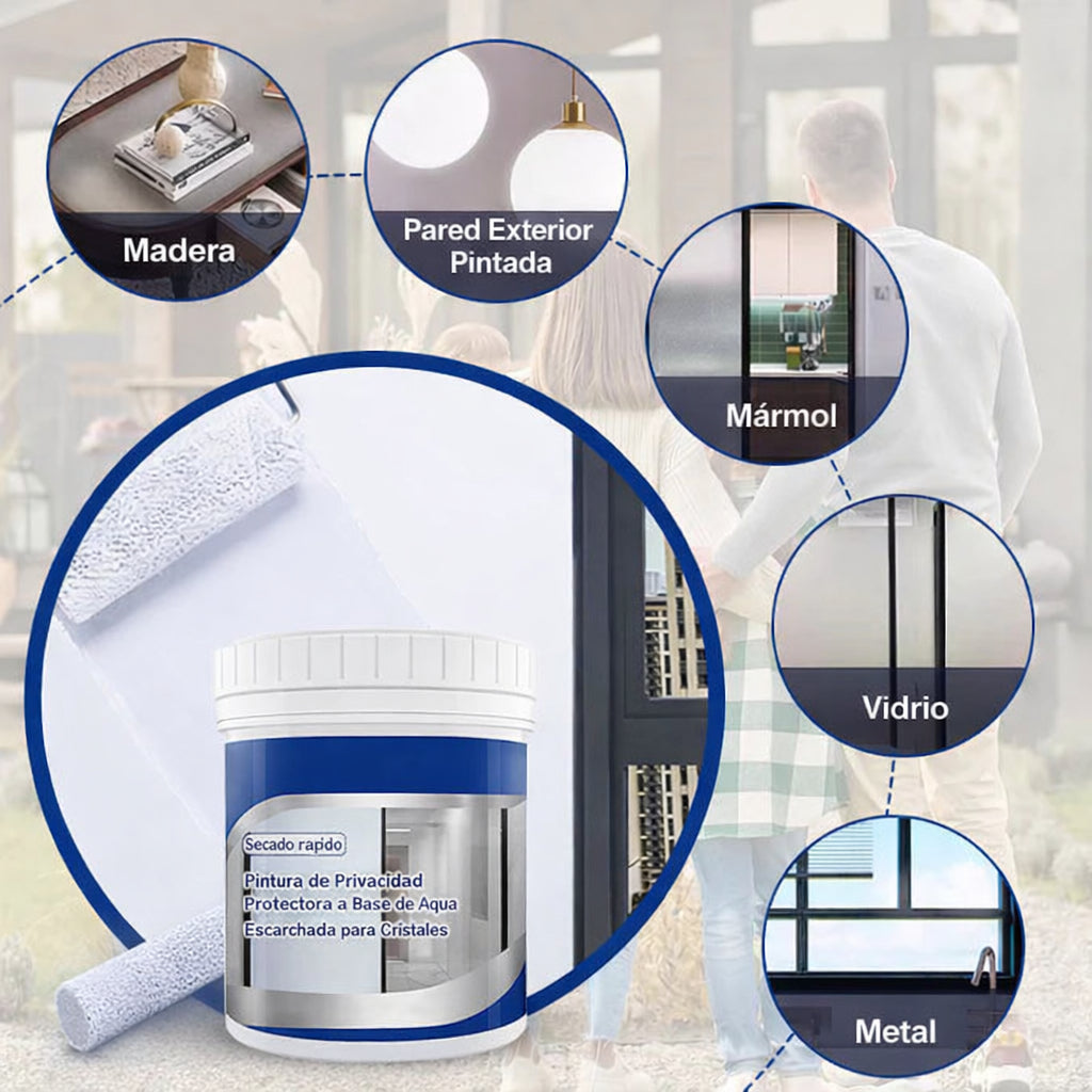 Pintura esmerilada a base de agua para vidrio con protección de privacidad para uso doméstico.
