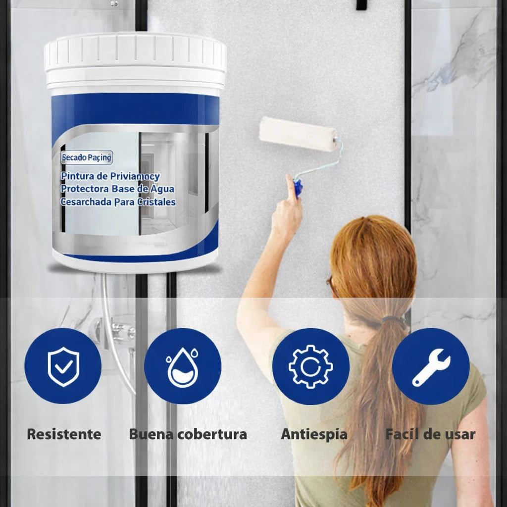 Pintura esmerilada a base de agua para vidrio con protección de privacidad para uso doméstico.