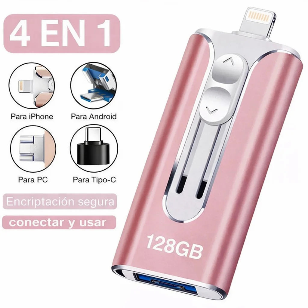 Memoria USB 4 en 1 para todos los teléfonos (iPhone, Android, USB-C y Lightning) y PC