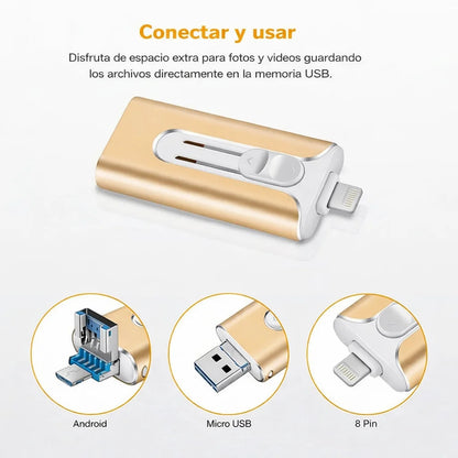 Memoria USB 4 en 1 para todos los teléfonos (iPhone, Android, USB-C y Lightning) y PC