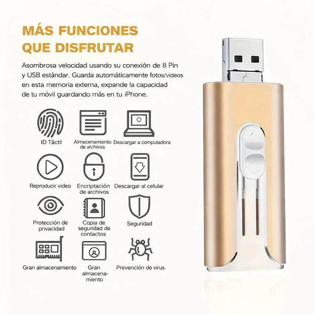Memoria USB 4 en 1 para todos los teléfonos (iPhone, Android, USB-C y Lightning) y PC