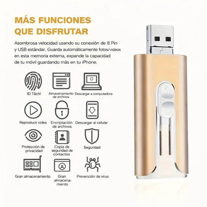 Memoria USB 4 en 1 para todos los teléfonos (iPhone, Android, USB-C y Lightning) y PC
