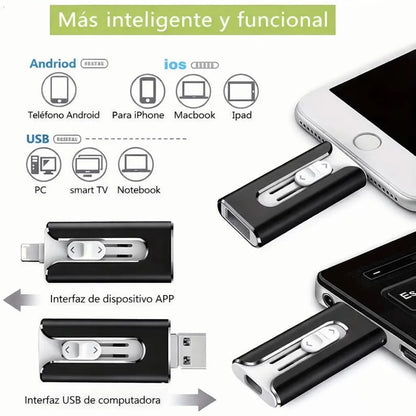 Memoria USB 4 en 1 para todos los teléfonos (iPhone, Android, USB-C y Lightning) y PC
