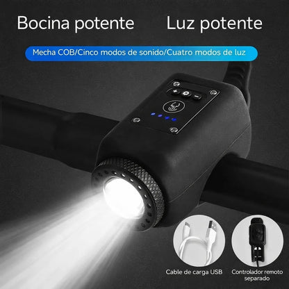 Bocina Eléctrica + Luz para Bicicleta 2-en-1 – 110 dB, Recargable y Resistente al Agua