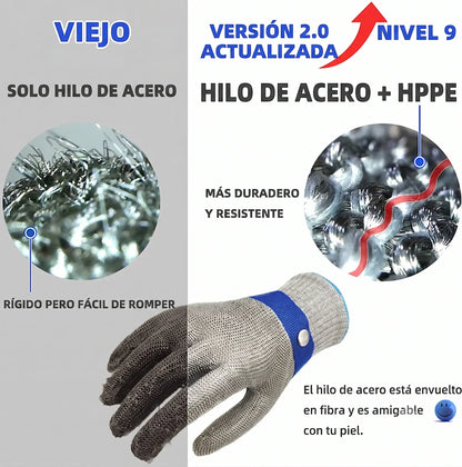 ¡Es como ponerse una armadura indestructible de acero 316L que desvía hasta el cuchillo más afilado! Resistencia al corte nivel A9: carne, pescado, ostras... tú cortas, el acero te protege.