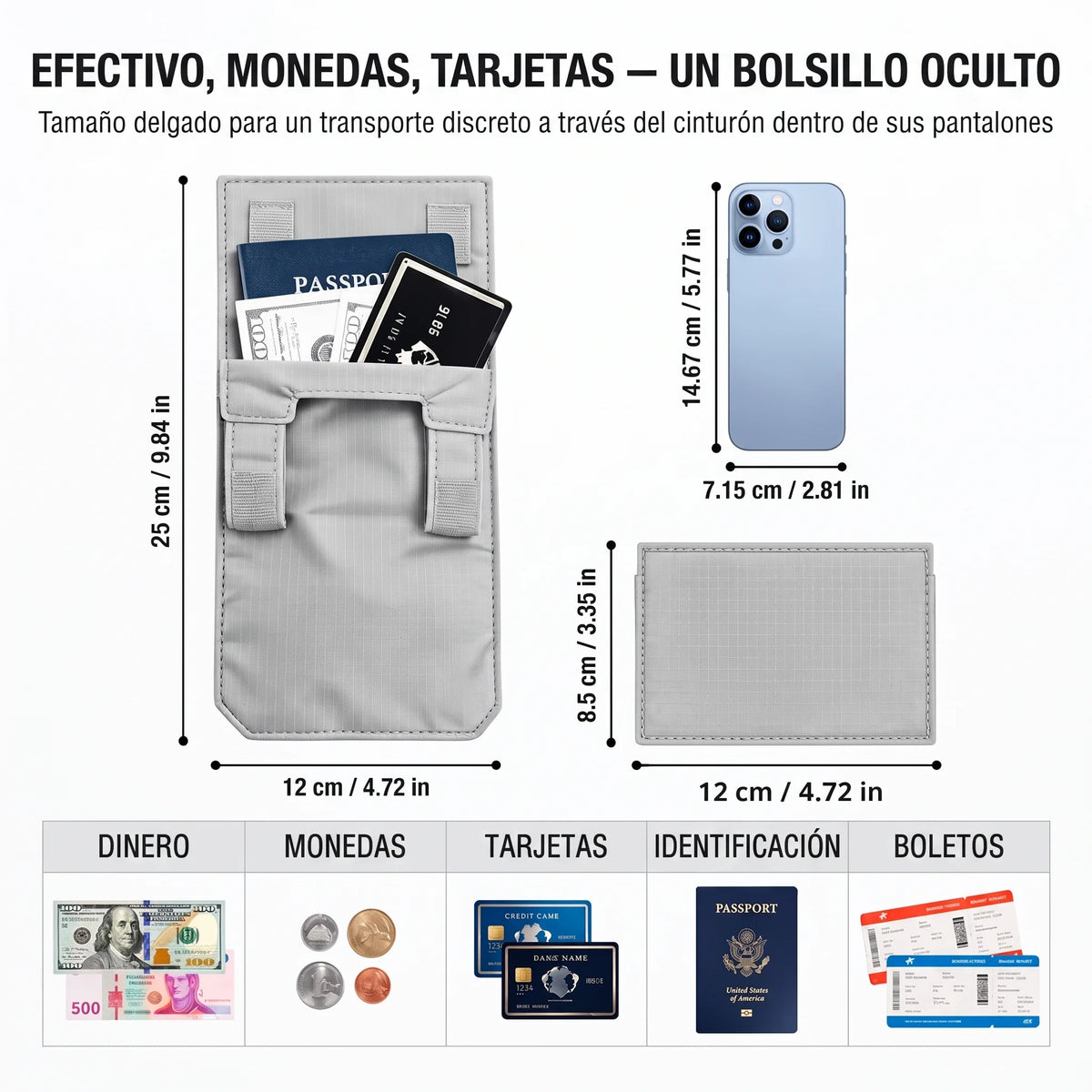 ✈️ Cartera antirrobo oculta para pasaporte – Cartera delgada de seguridad para viajes con cinturón para dinero en efectivo, tarjetas y documentos