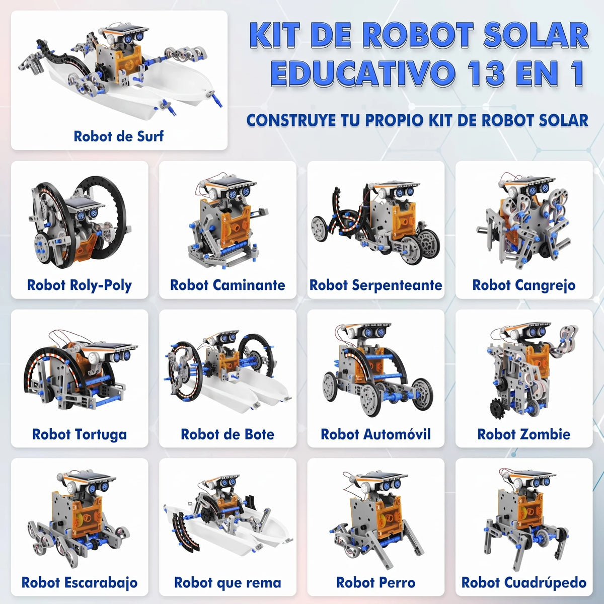 Kit de robot solar educativo 13 en 1. Nuevo diseño moderno en energía solar.