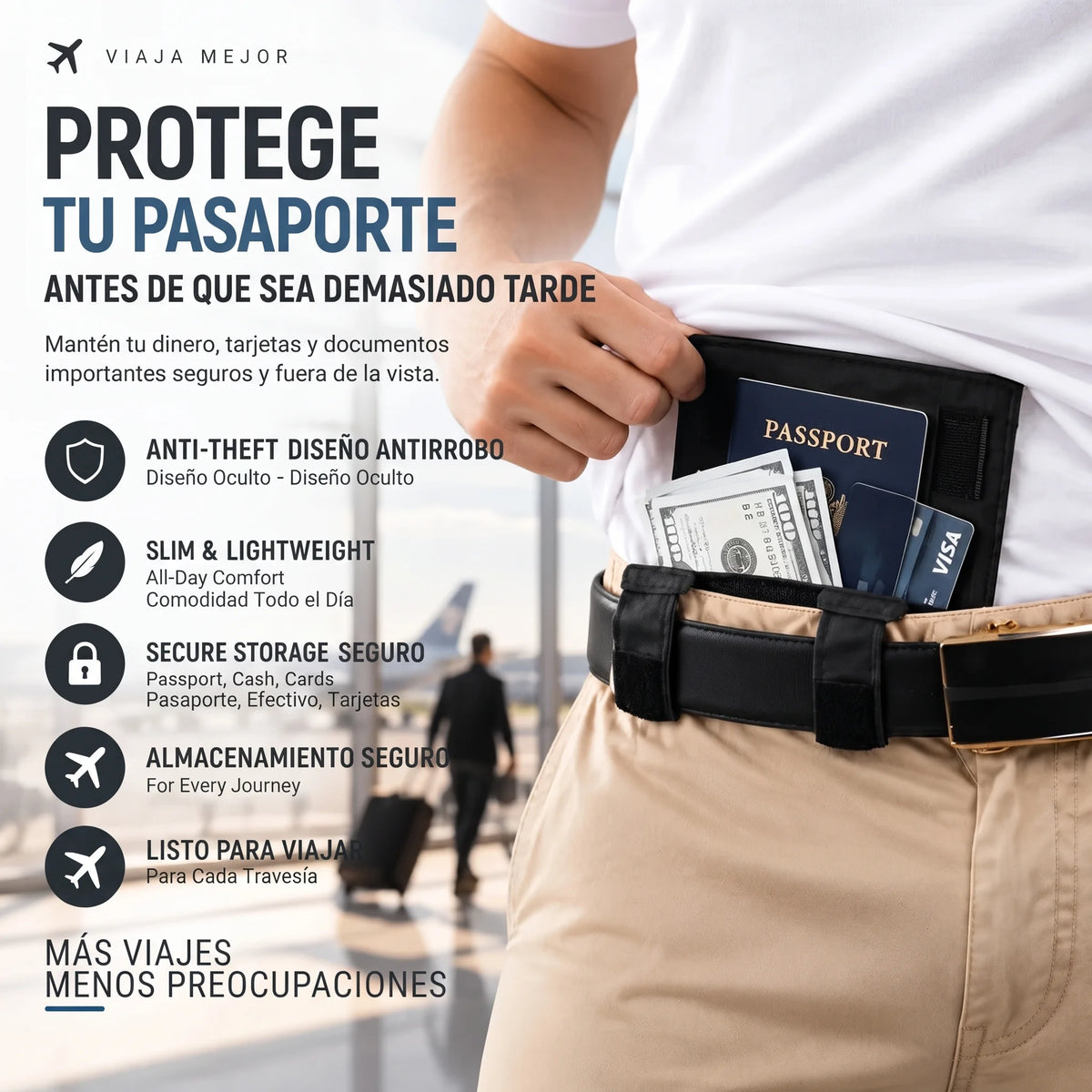 ✈️ Cartera antirrobo oculta para pasaporte – Cartera delgada de seguridad para viajes con cinturón para dinero en efectivo, tarjetas y documentos