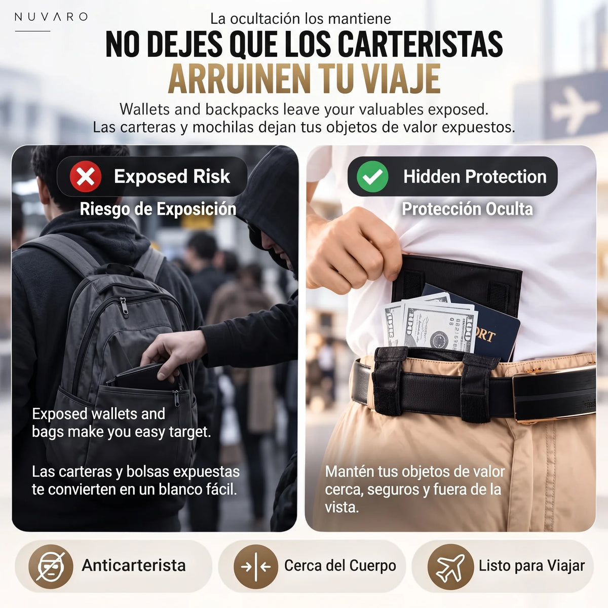 ✈️ Cartera antirrobo oculta para pasaporte – Cartera delgada de seguridad para viajes con cinturón para dinero en efectivo, tarjetas y documentos