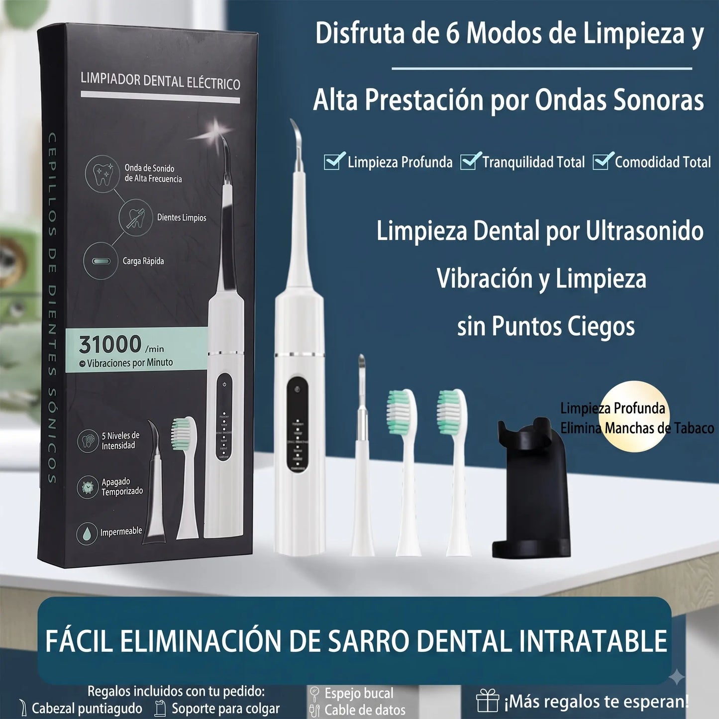 Cepillo de dientes eléctrico de calidad profesional: 6 modos, sensor de presión que previene daños en las encías.