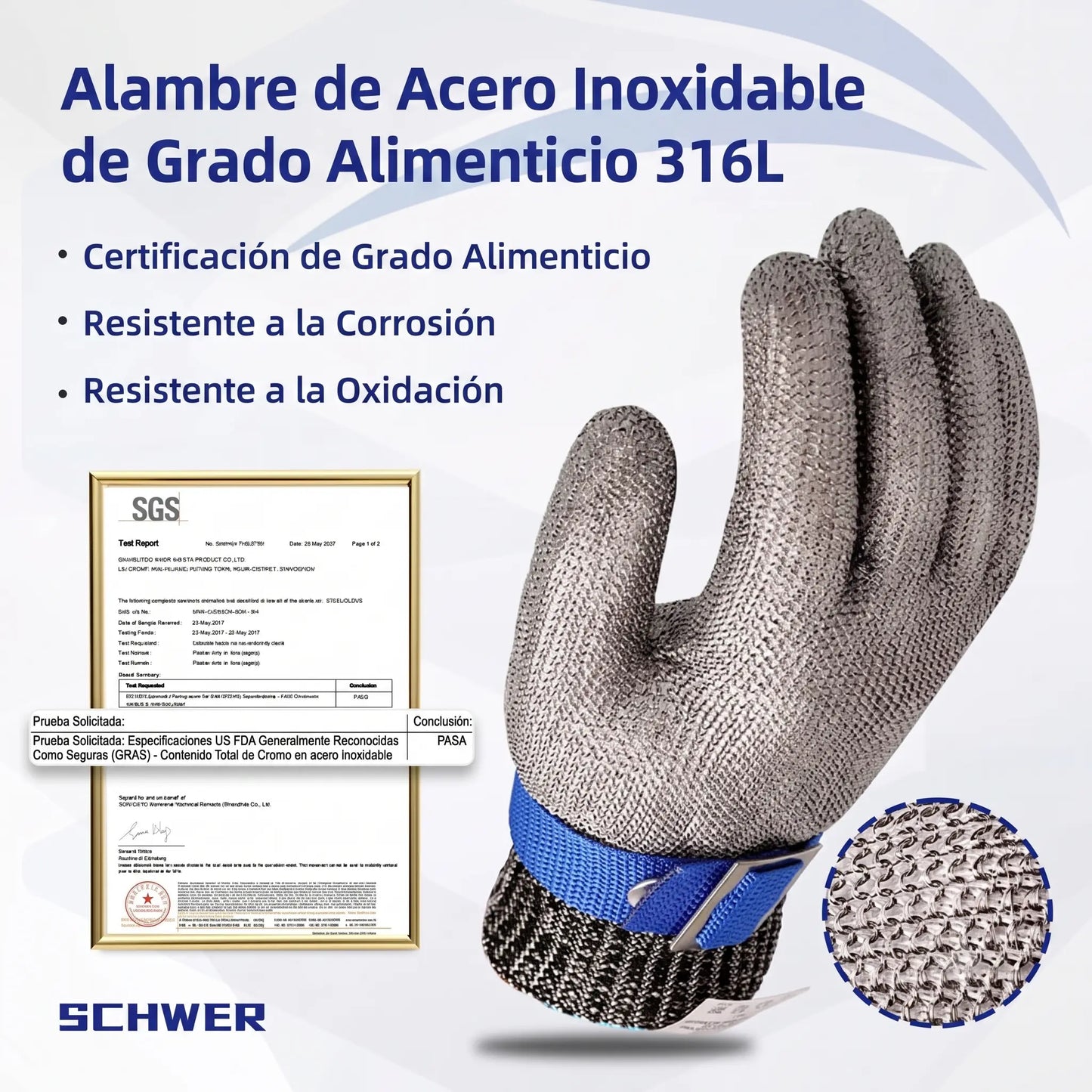 ¡Es como ponerse una armadura indestructible de acero 316L que desvía hasta el cuchillo más afilado! Resistencia al corte nivel A9: carne, pescado, ostras... tú cortas, el acero te protege.