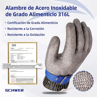 ¡Es como ponerse una armadura indestructible de acero 316L que desvía hasta el cuchillo más afilado! Resistencia al corte nivel A9: carne, pescado, ostras... tú cortas, el acero te protege.