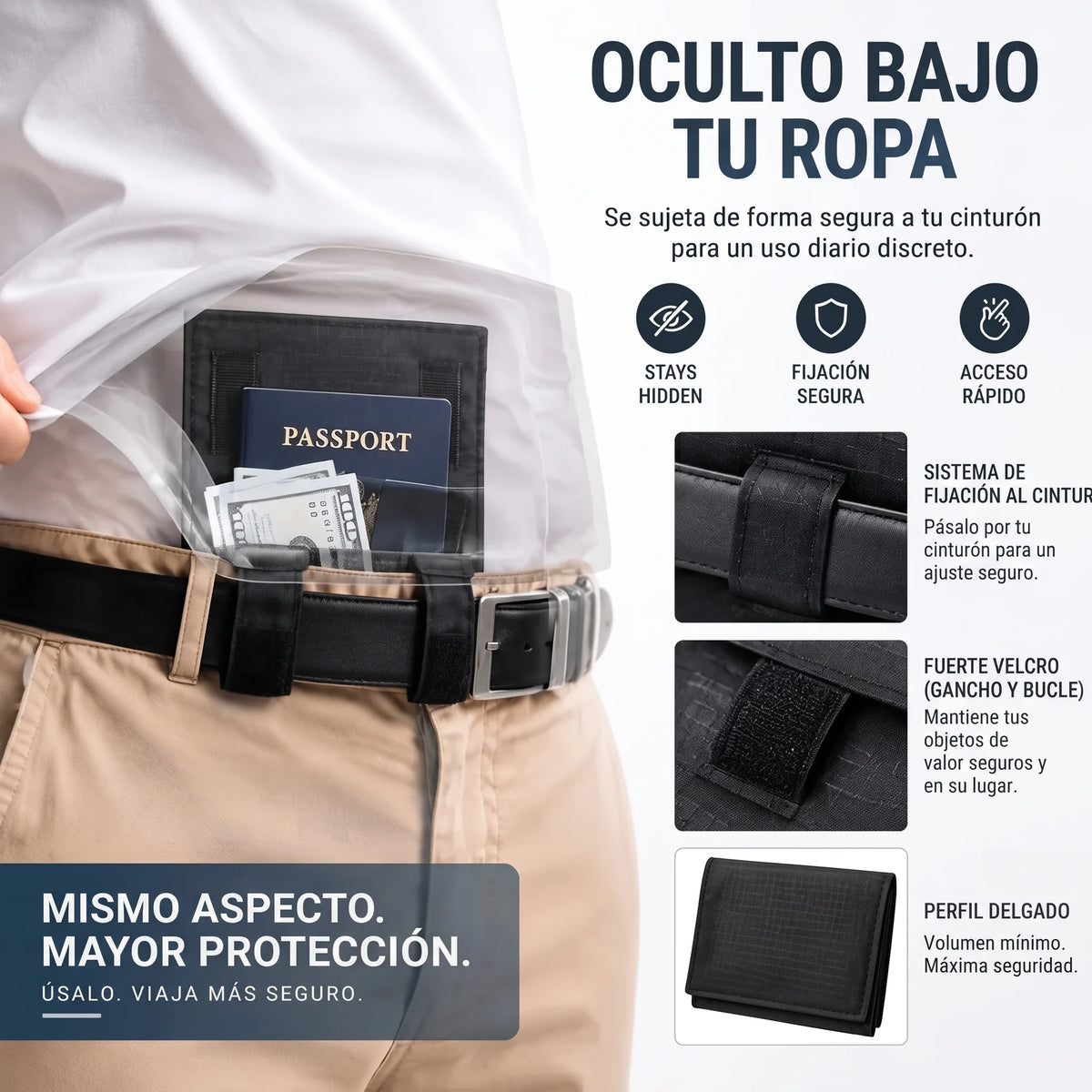 ✈️ Cartera antirrobo oculta para pasaporte – Cartera delgada de seguridad para viajes con cinturón para dinero en efectivo, tarjetas y documentos