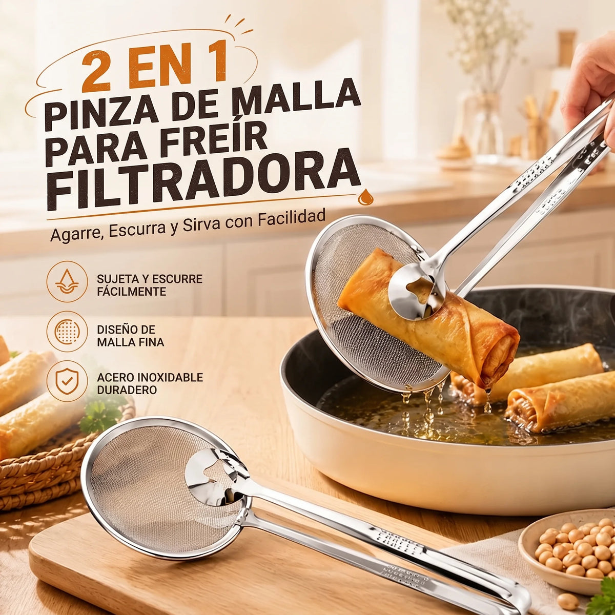 Pinzas coladoras de aceite de acero inoxidable 2 en 1