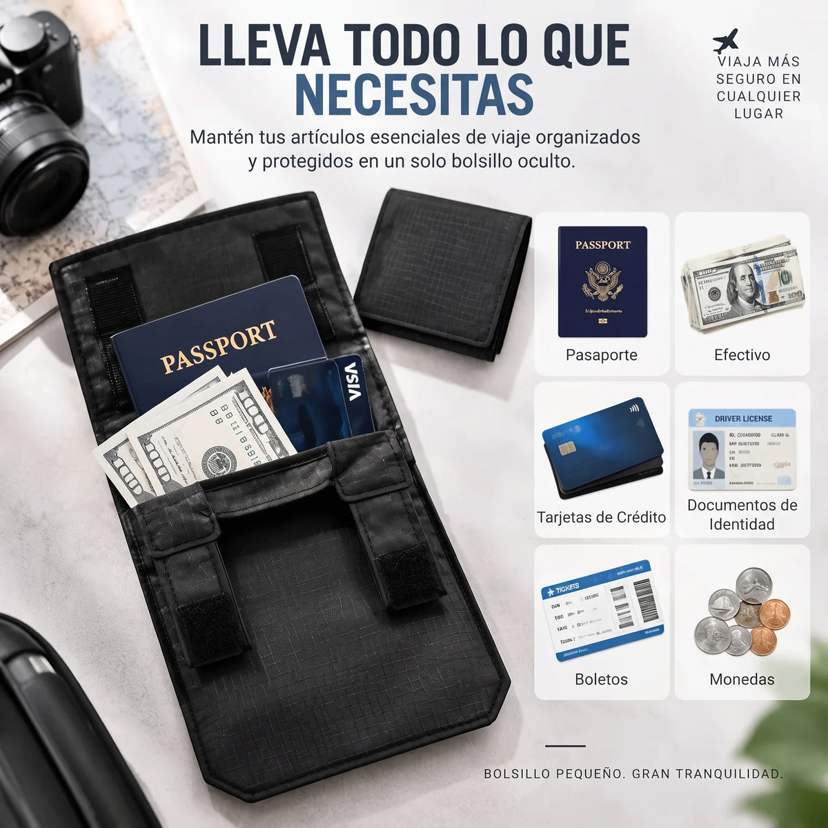✈️ Cartera antirrobo oculta para pasaporte – Cartera delgada de seguridad para viajes con cinturón para dinero en efectivo, tarjetas y documentos