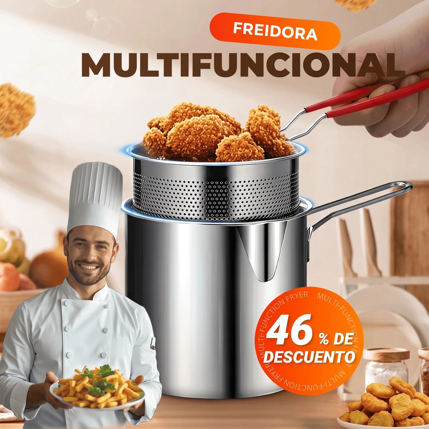 Olla Freidora Multifuncional de Acero Inoxidable con Cesta Escurridora