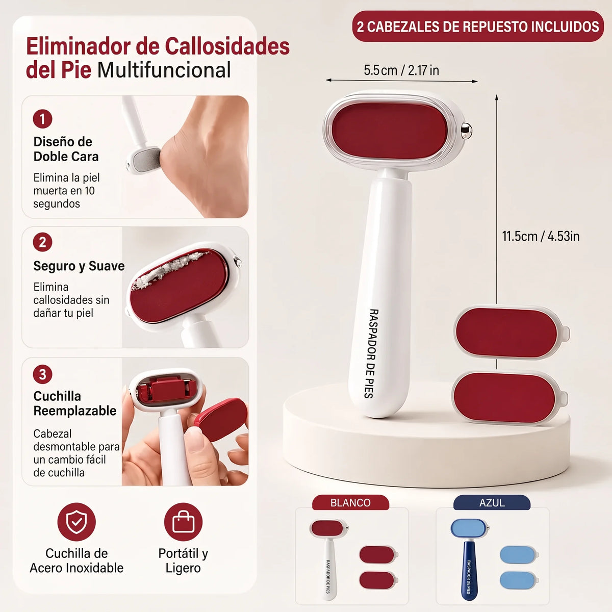 Removedor de callos de doble cara para pies, raspador de pies con cuchilla reemplazable de acero inoxidable 🦶
