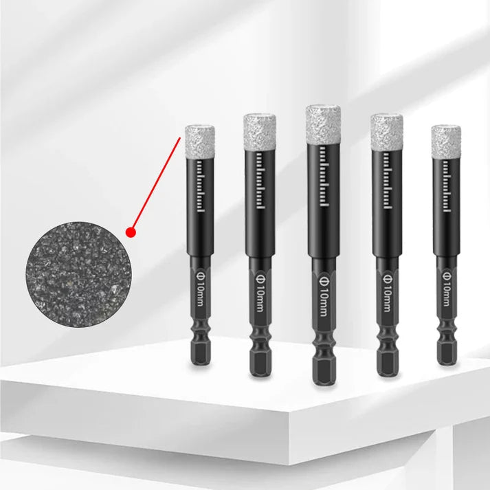 Juego de brocas de diamante: tamaños de 5 a 16 mm, vástago hexagonal compatible con la mayoría de taladros. Uso en seco o húmedo: ¡agujeros suaves y precisos en todo momento!